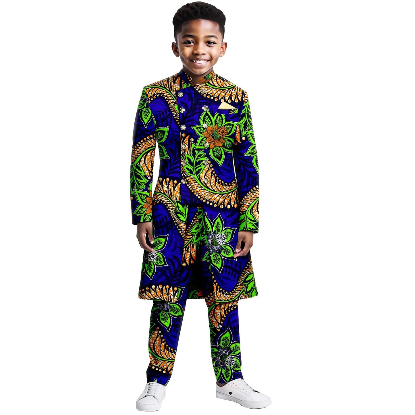Boys Suits Wedding Tuxedo African Print Ankara Pure Cotton Jacket Pants 2 Piece Set Formal Party Fashion Dress Kids Blazer