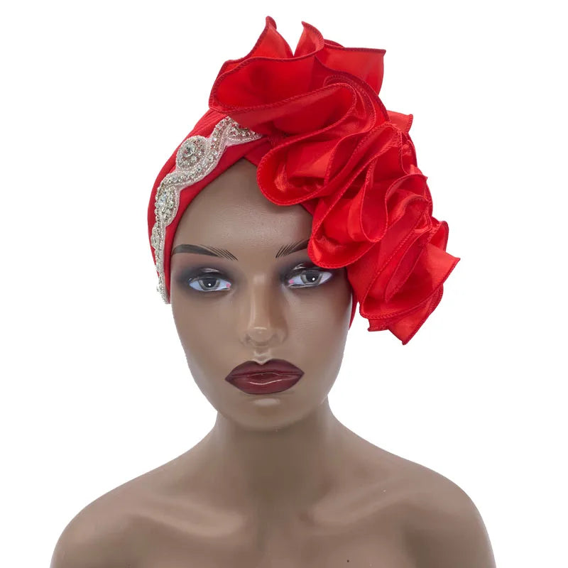 2023 Rhinestones Turban Hat with Side Satin Ruffles Women's Wrap Head Beanies Muslim Headscarf Bonnet African autogele Headtie