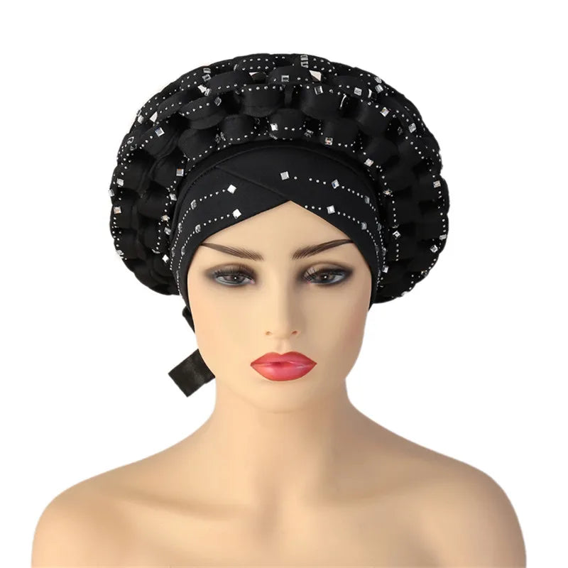 African Auto Gele Headtie Aso Oke Nigeria Braids Wedding Headgear Women Bonnet Turban Cap Already Made Head Wraps