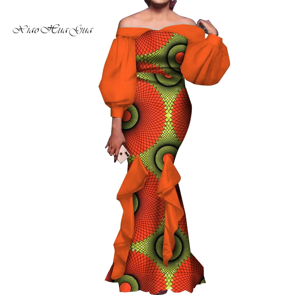 Fashion Women Ankara Dresses Flash Neck Puff Sleeve Long Dress African Dress Robe Africaine Femme Evening Mermaid Dress WY1848