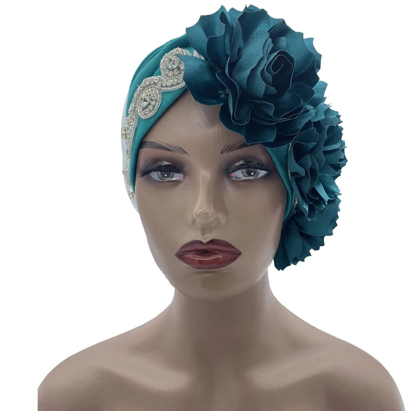 2023 Rhinestones Turban Hat with Side Satin Ruffles Women's Wrap Head Beanies Muslim Headscarf Bonnet African autogele Headtie