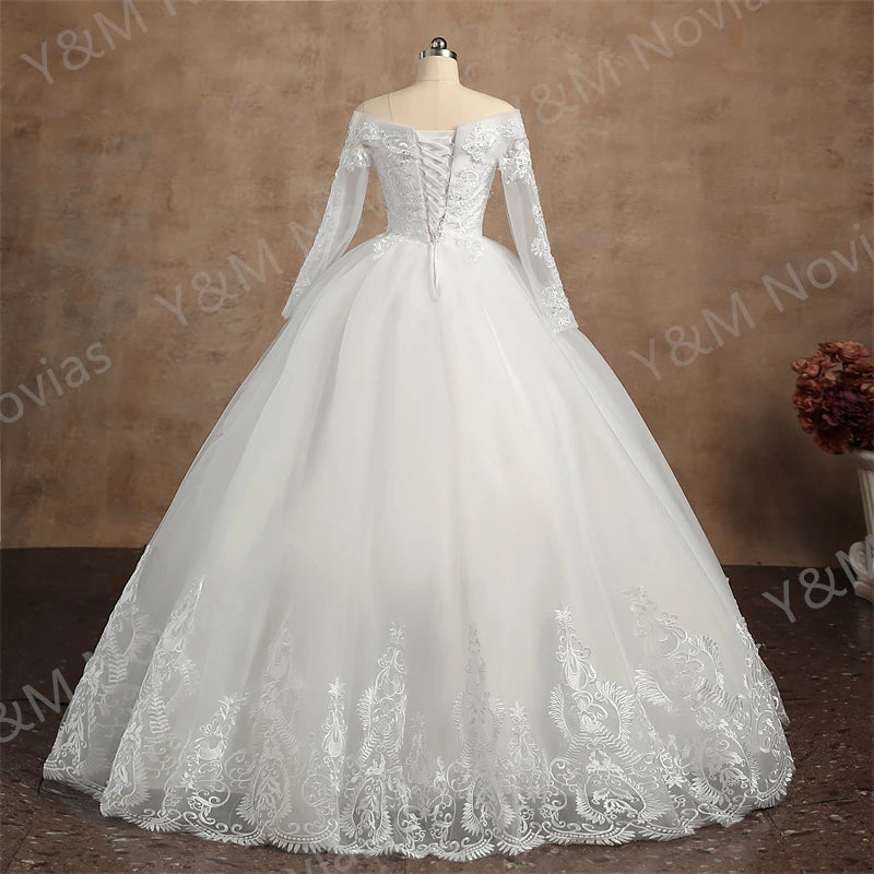 Real video Ball Gown Off Shoulder Wedding Dresses Full Sleeve Sweetheart Lace Appliqus Bead Wedding Dresses For Women New