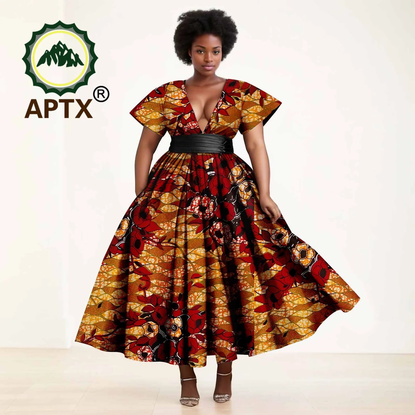 African Dresses Women's Ankara Printed Short Sleeve V-Neck With Belt And Ankle Dress Dashiki Casual Party Wedding Dresses