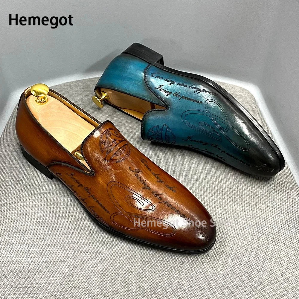 Italian Style Hand Painted Lettering Men's Shoes Leather Dress Shoe Slip-On Business Casual Single Shoes Party High Quality Shoe