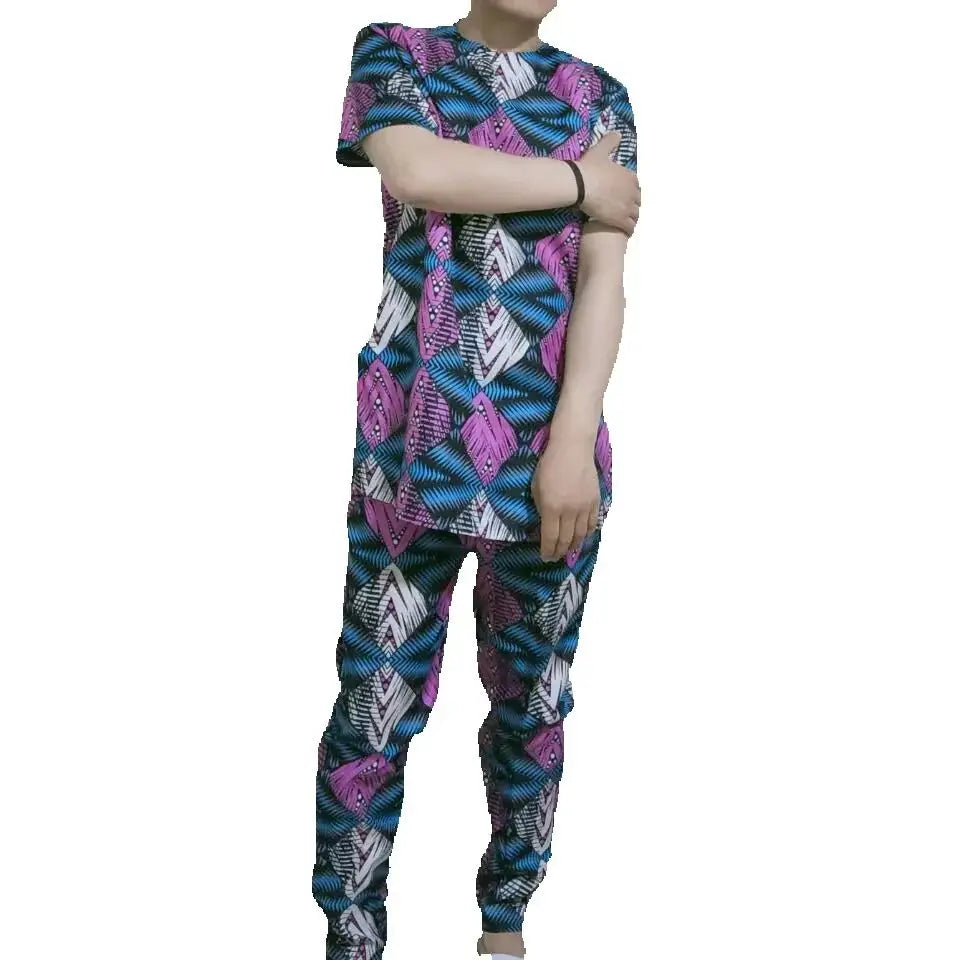 African Fashion Men's Set Outfits Short Sleeve Tops Patch Trousers Nigerian Print Male Pant Suits Party Wear Customized