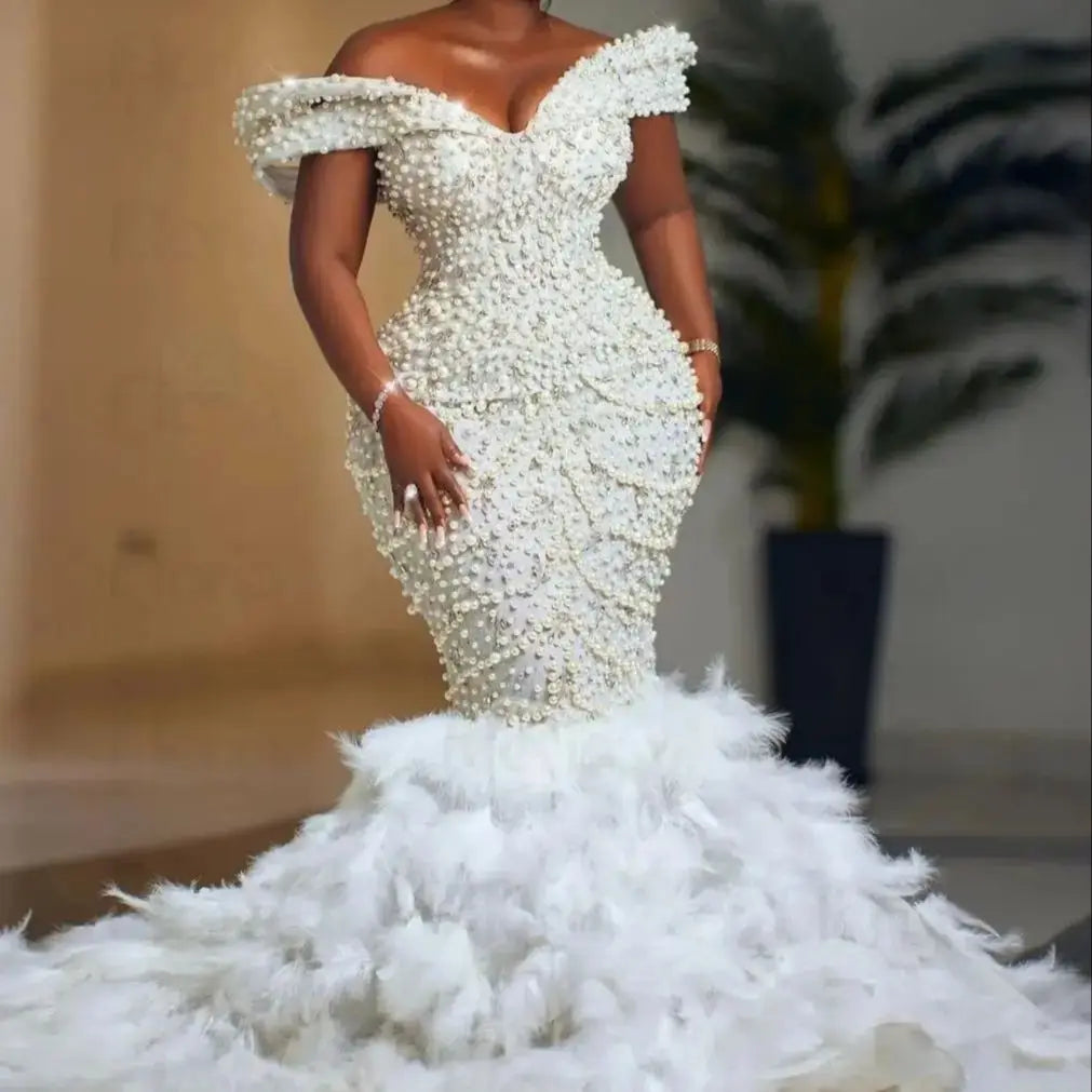 Floria Luxury Mermaid Feathers Wedding Dresses Sparkly Crystals Bridal Gowns Plus Size Dubai Vestidos De Novia свадебное пл