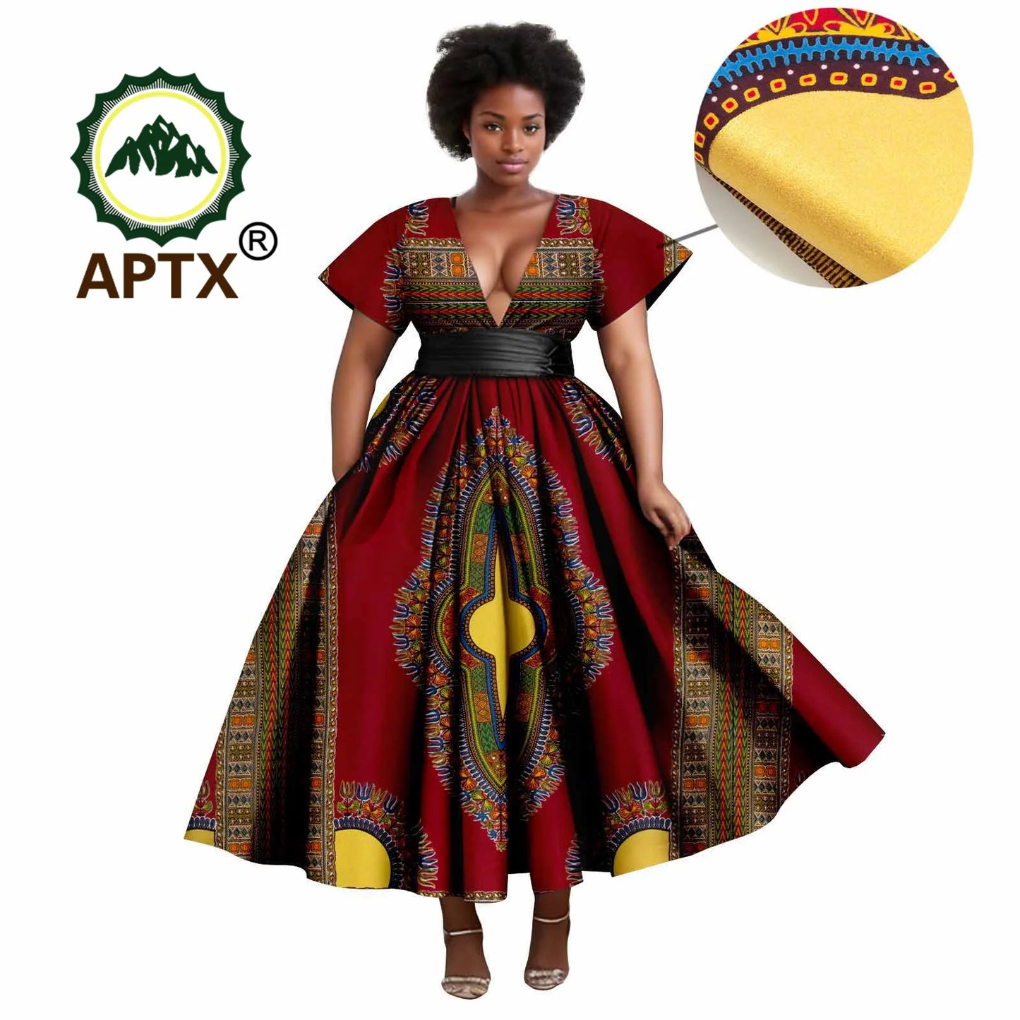 African Dresses Women's Ankara Printed Short Sleeve V-Neck With Belt And Ankle Dress Dashiki Casual Party Wedding Dresses