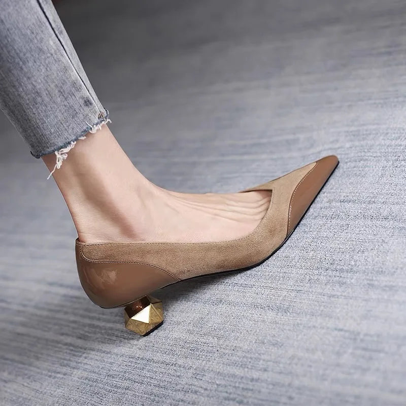 2023 New Fashion Elegant Women's High Heels Pointed Toe Shoes for Women Metal Mid Heel Party Dress Shoes Female Zapatos De Mujer