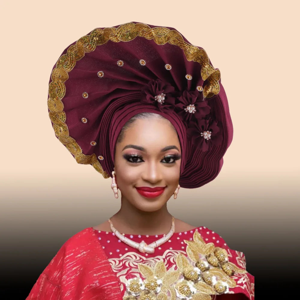 Beaded Turban Cap for Women African Wedding Headwear Auto Gele Aso Oke Headties Hijab Bonnet Head Wrap Hat Nigeria Headgear