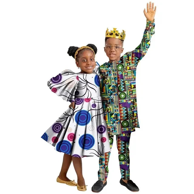 Wedding African Family Matching Outfits for Kids Sister Brother Girls Dress and Boys Pants Set Children Ankara Print Clothing