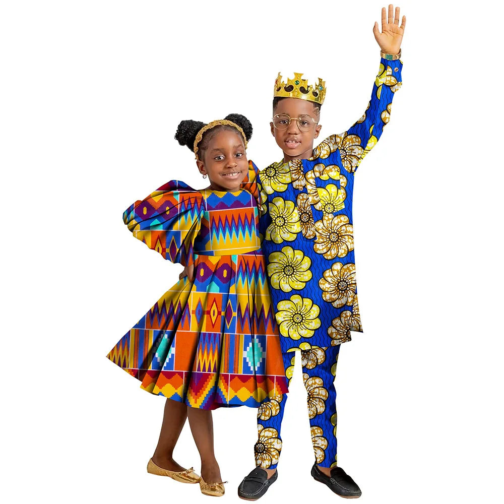Wedding African Family Matching Outfits for Kids Sister Brother Girls Dress and Boys Pants Set Children Ankara Print Clothing