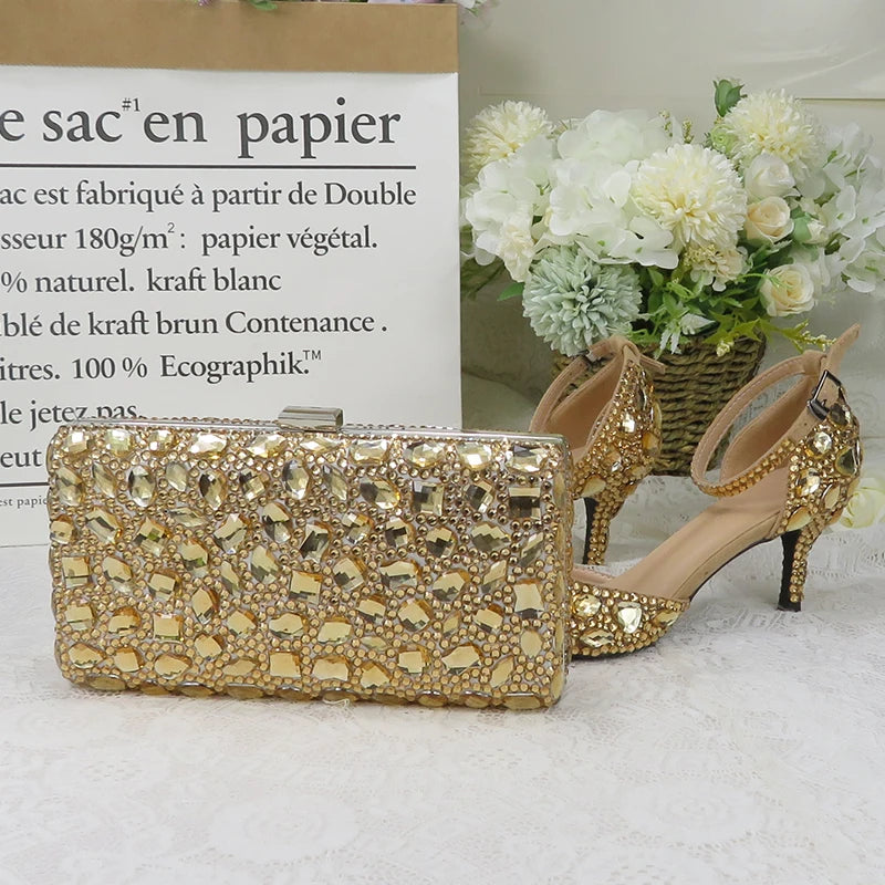 2021 new champagne colored rhinestone bridal dress shoes with bag rhinestone high heels ankle strap women's party dress shoes