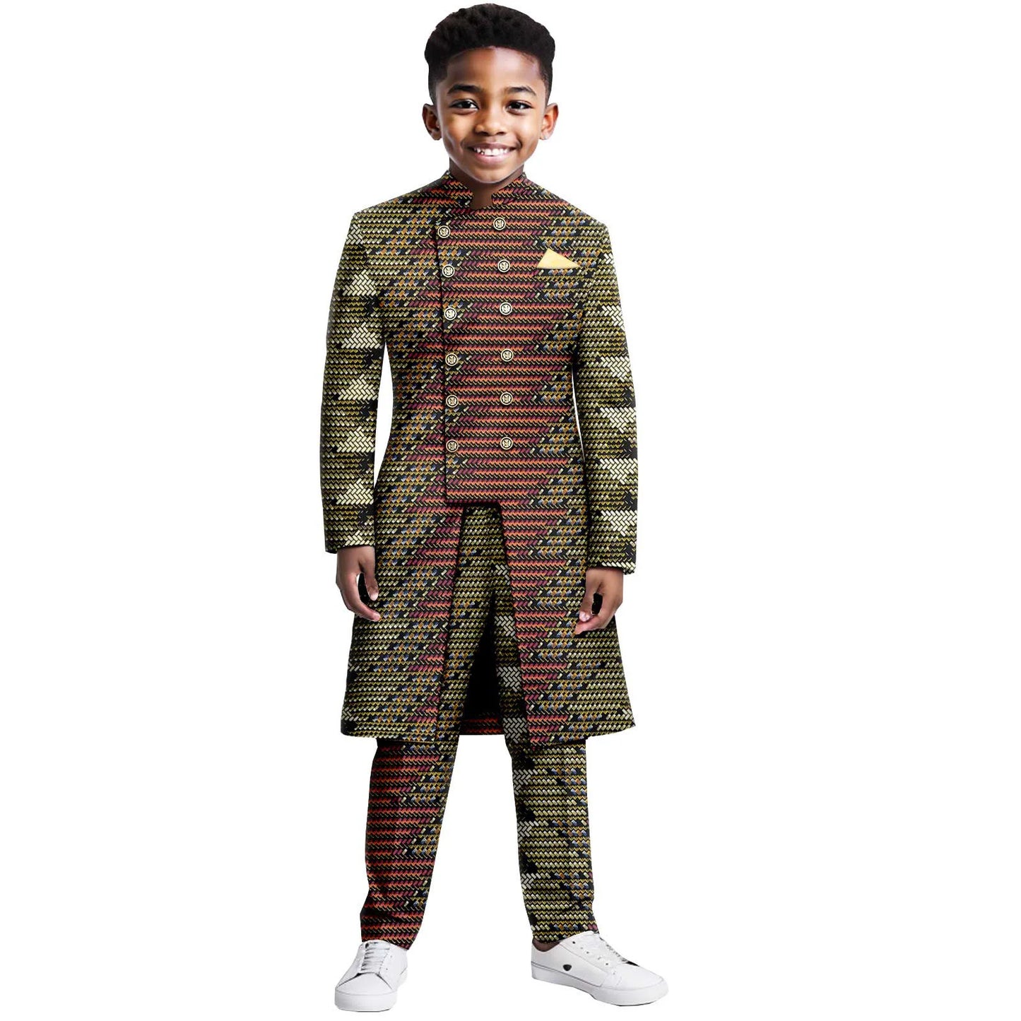Boys Suits Wedding Tuxedo African Print Ankara Pure Cotton Jacket Pants 2 Piece Set Formal Party Fashion Dress Kids Blazer