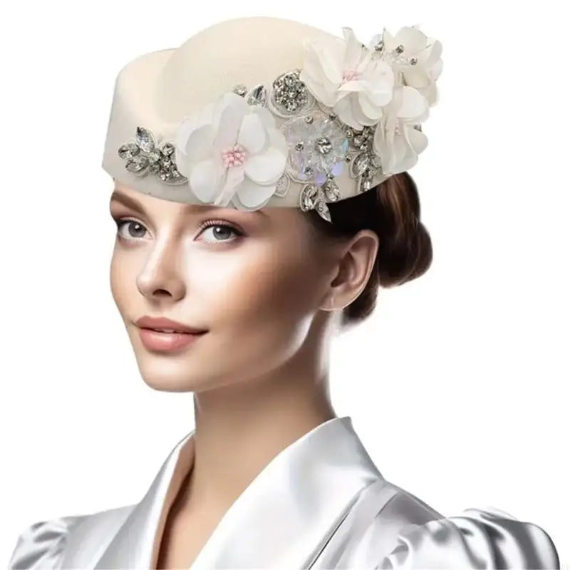 R1WE Women Church Baptism Hat Wool Hat for Horseracing Roleplay Bolwer Hat Formal Occasion Cosplay Costume Hat