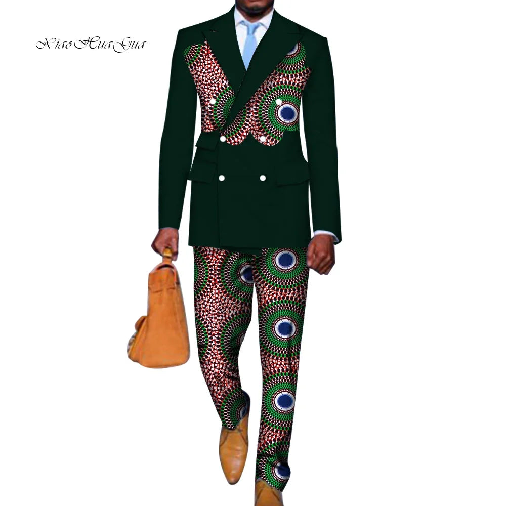 2 Pieces set Blazer and Pants Mens African Clothing Ankara Clothes Bazin Riche African Wax Print Top Suits and Pants Sets WYN740