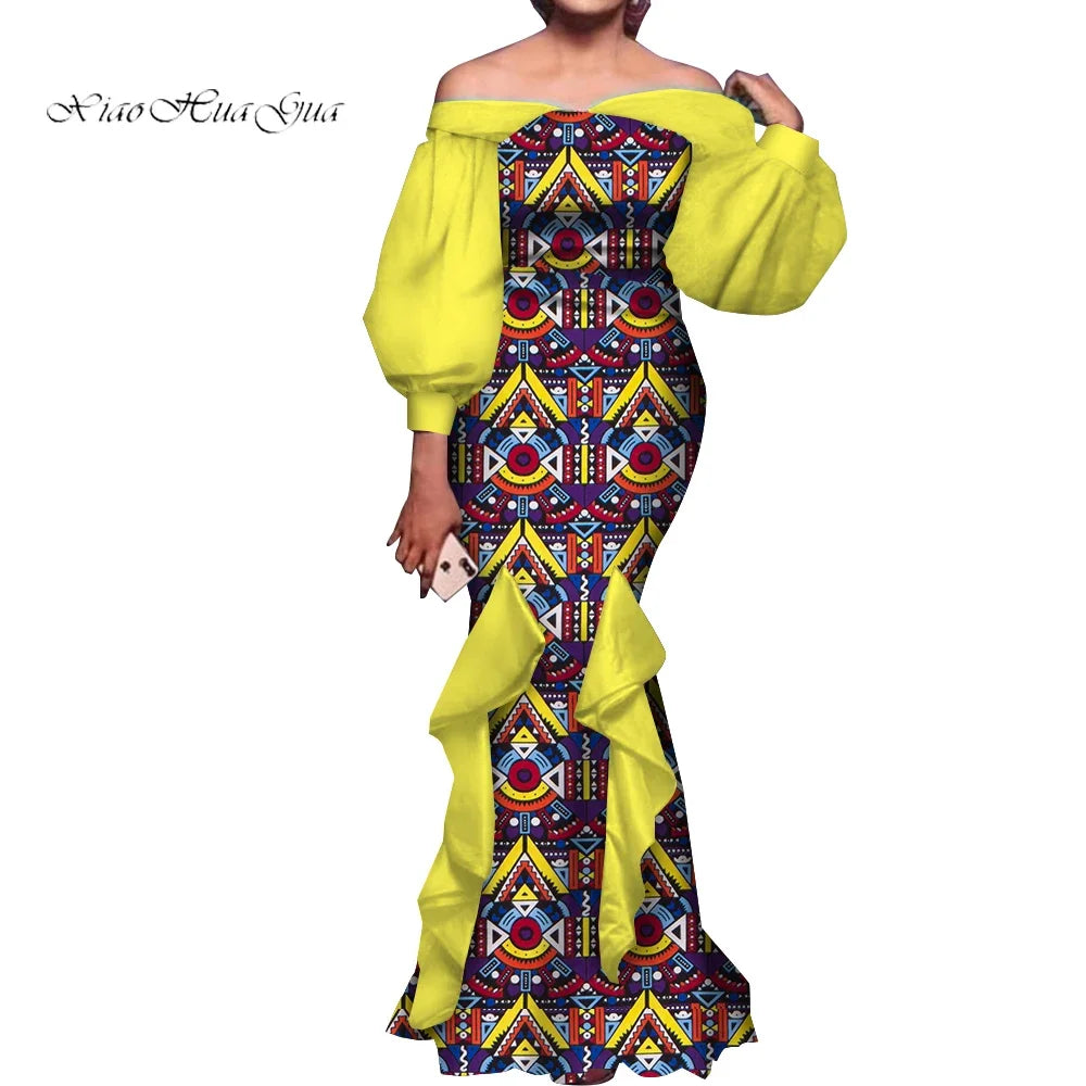 Fashion Women Ankara Dresses Flash Neck Puff Sleeve Long Dress African Dress Robe Africaine Femme Evening Mermaid Dress WY1848