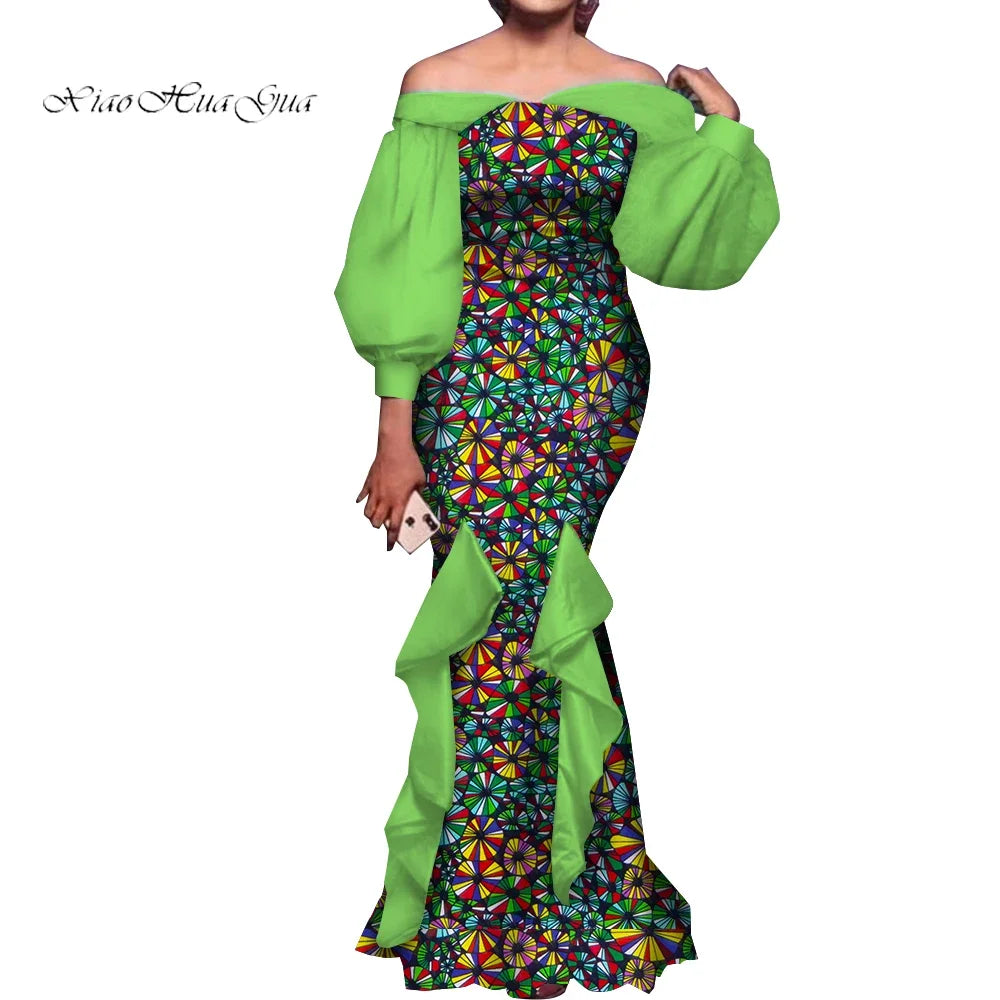 Fashion Women Ankara Dresses Flash Neck Puff Sleeve Long Dress African Dress Robe Africaine Femme Evening Mermaid Dress WY1848