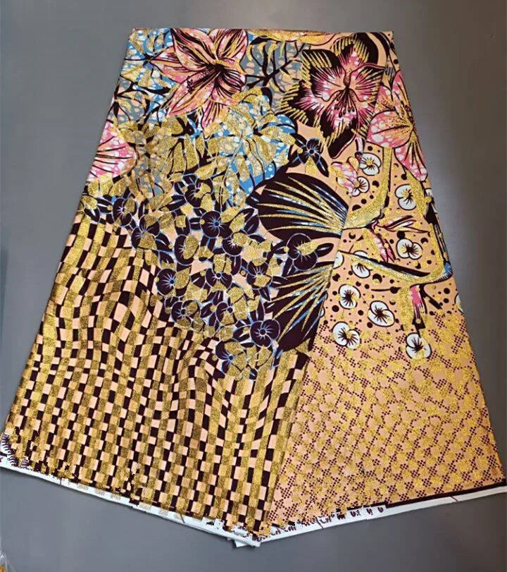 New Fashion African Grand Super Batik Flash Gold Print Fabric Ankara Wax Fabric 6 yards Soft Real African Golden Fabric