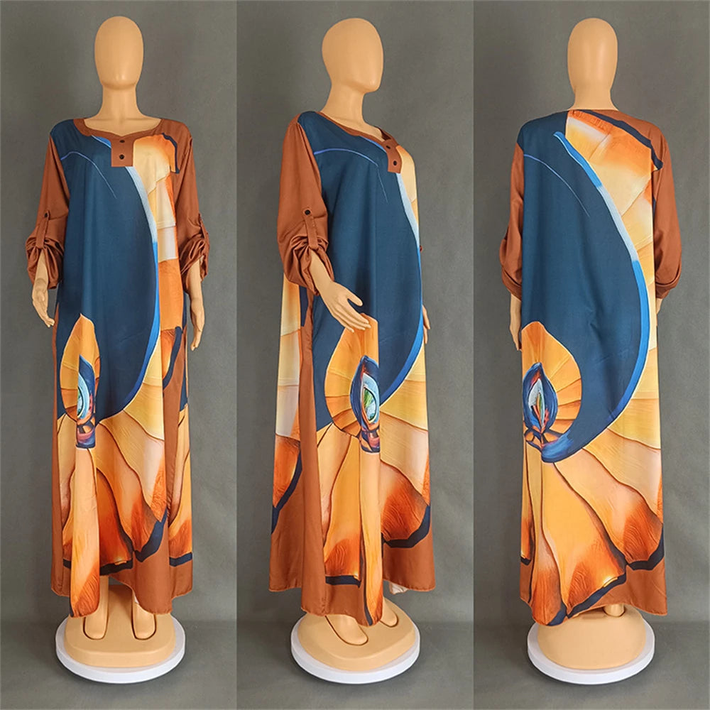 Satin Djellaba Muslim Women Dress Print African Clothing Ankara Dashiki Boubou Robe Dubai Abaya Turkey Kaftan Jalabiya Ramadan