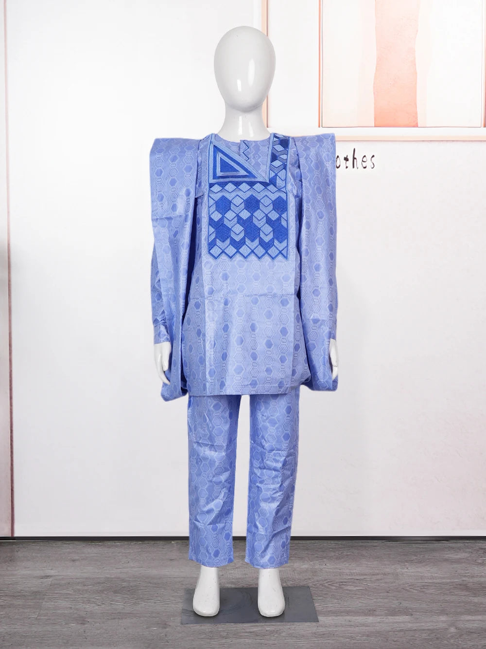 H&D New African Tradition Clothes For Kids Boys Blue Long Sleeve Tops Embroidery Dashiki Robe Shirt Pant Child Set 3 PCS