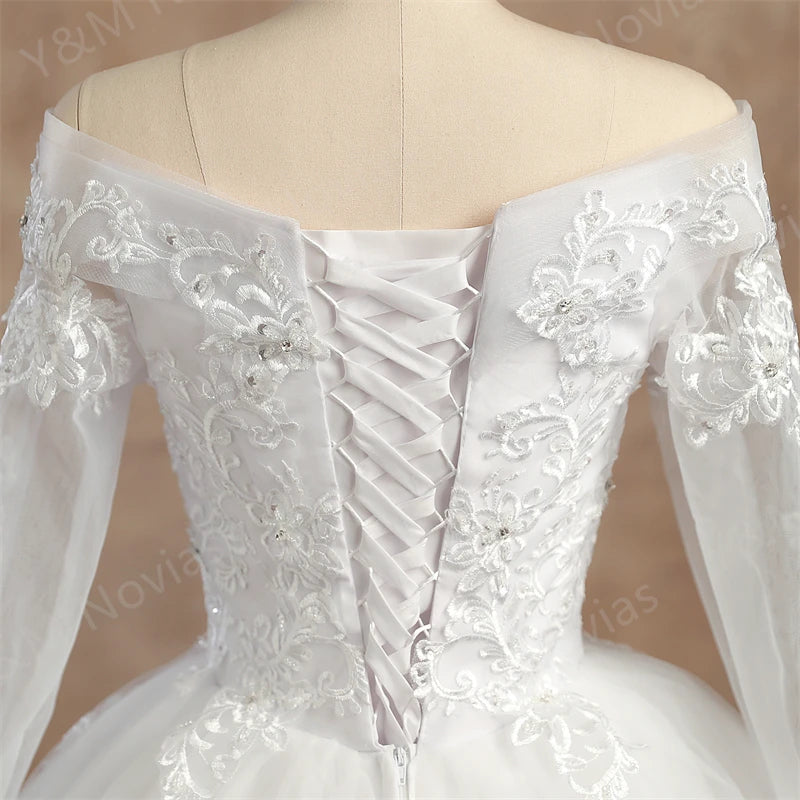 Real video Ball Gown Off Shoulder Wedding Dresses Full Sleeve Sweetheart Lace Appliqus Bead Wedding Dresses For Women New