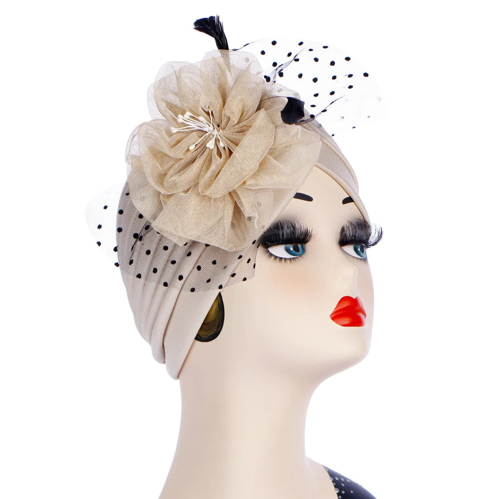 Big Flower Muslim Women Indain Hat Scarf Caps Chemo Turban Islamic Head Cover Party Evening Bonnet Pleated Vintage Elegant Hat