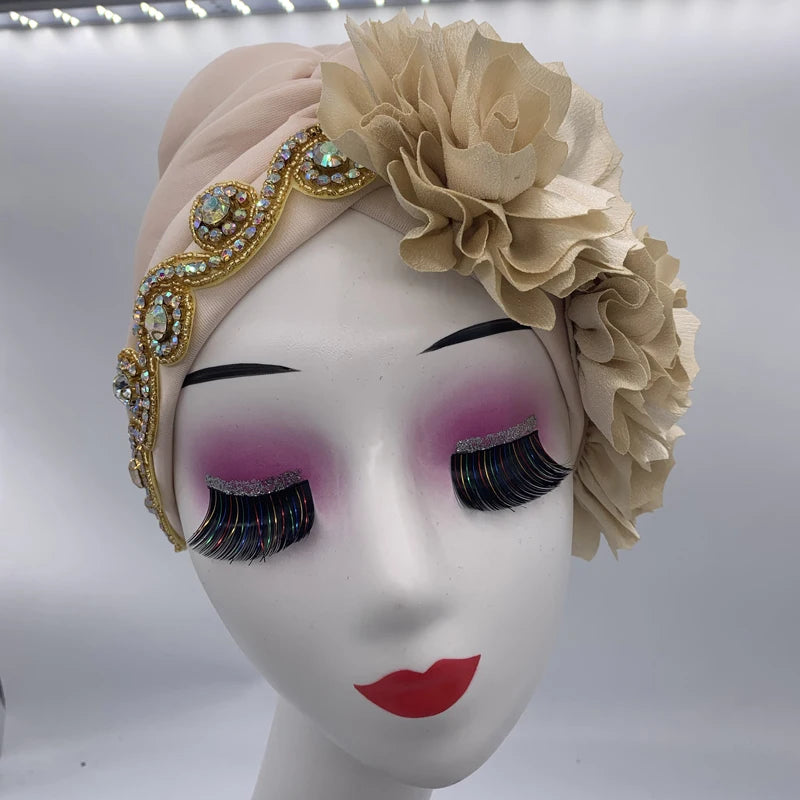 2023 Rhinestones Turban Hat with Side Satin Ruffles Women's Wrap Head Beanies Muslim Headscarf Bonnet African autogele Headtie