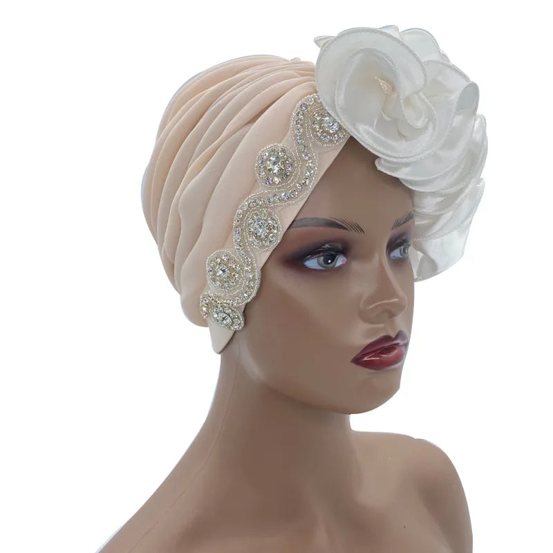 2023 Rhinestones Turban Hat with Side Satin Ruffles Women's Wrap Head Beanies Muslim Headscarf Bonnet African autogele Headtie