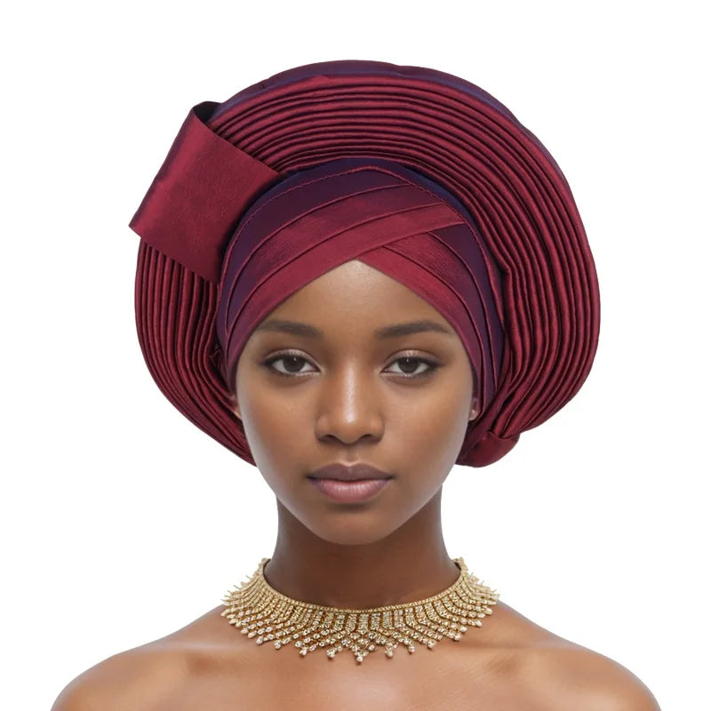 African Nigeria Bonnet Party Turban Pleated Turban Cap for Women Ready to Wear Aso Oke Already Made Auto Gele Headtie Head Wrap