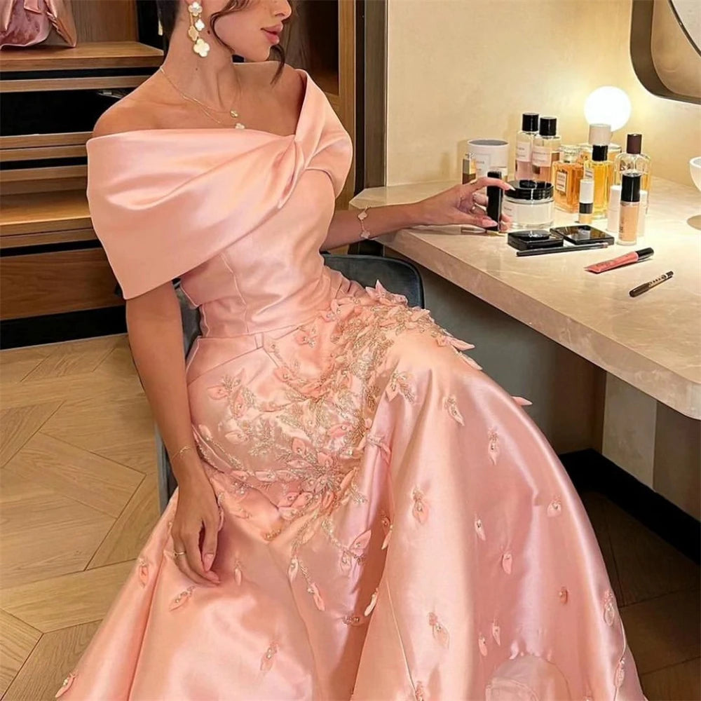 V Neck Off the Shoulder Beads 3D Flowers Satin Formal Occasion Evening Gown