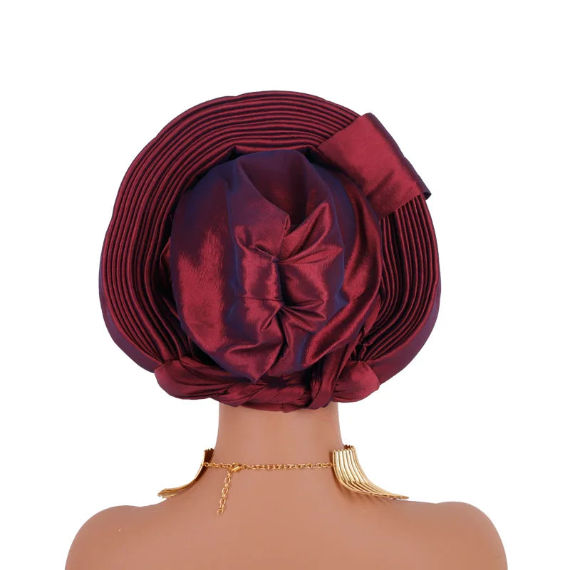 African Nigeria Bonnet Party Turban Pleated Turban Cap for Women Ready to Wear Aso Oke Already Made Auto Gele Headtie Head Wrap