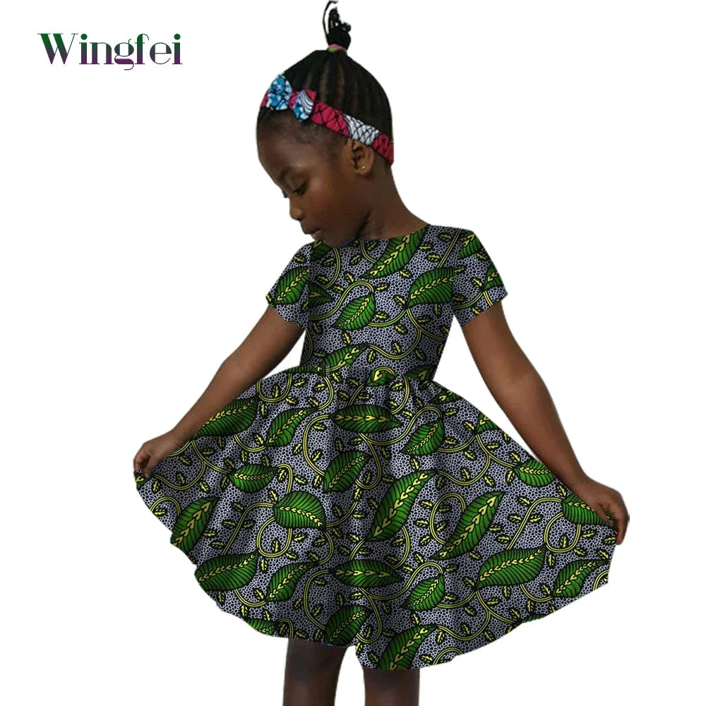 African Clothes for Children Ankara Print Kids Dashiki Dresss Short Sleeve Girl Dresses Casual Kid Attire Cotton WYT60