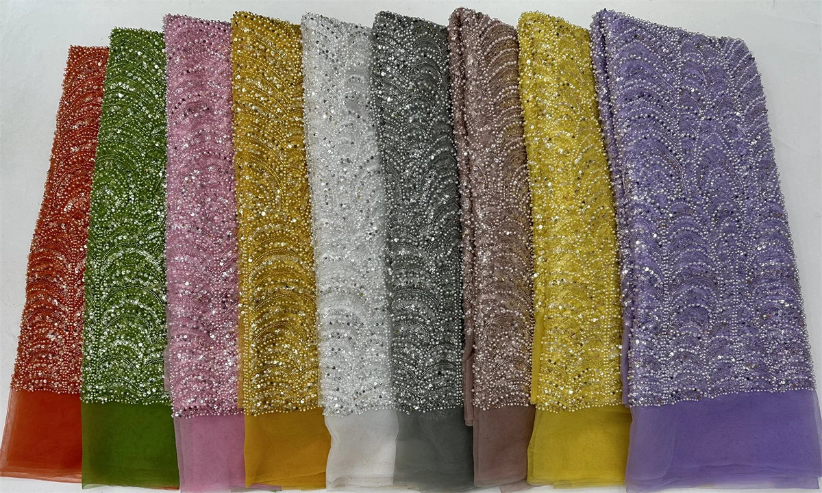 Latest Pink African Sequins Lace Fabric High Quality Lace Embroidery Beaded Mesh Fabric 5 Yards For Wedding Party Dress
