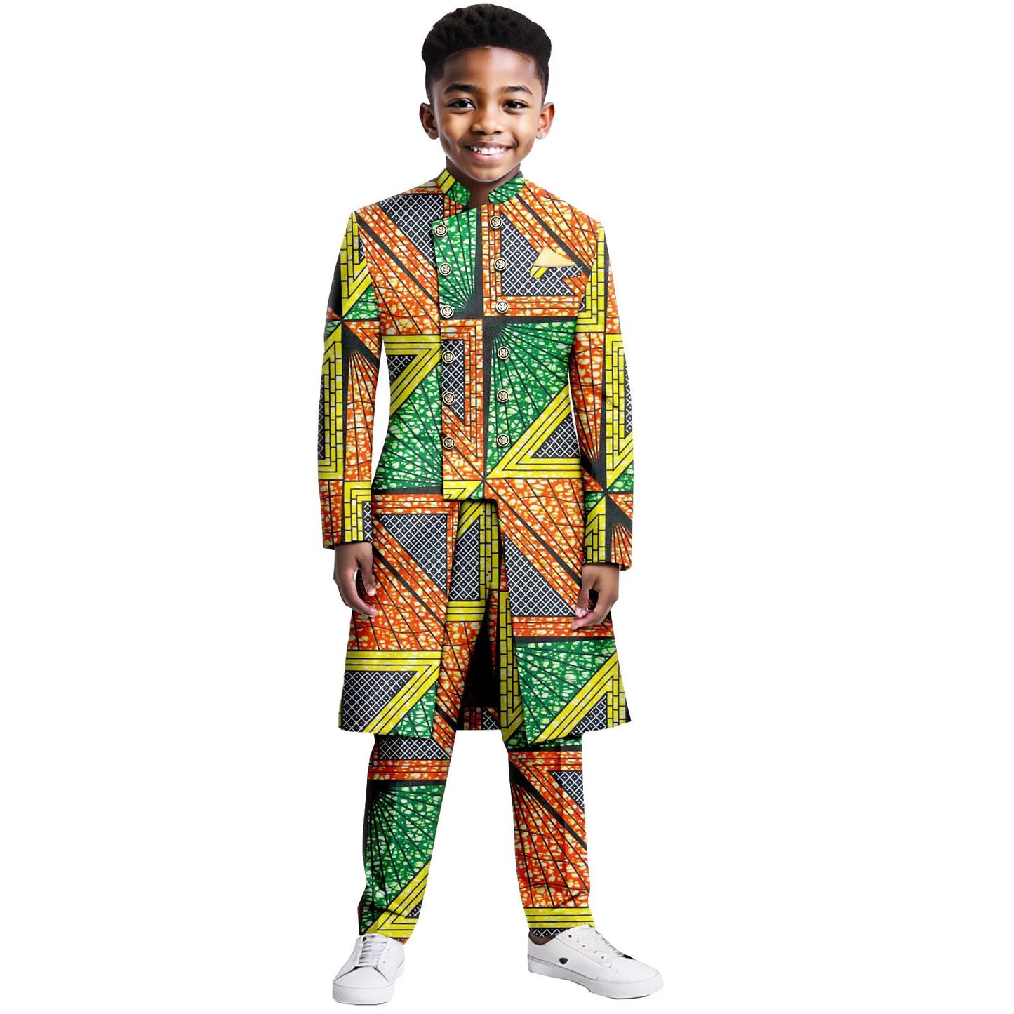 Boys Suits Wedding Tuxedo African Print Ankara Pure Cotton Jacket Pants 2 Piece Set Formal Party Fashion Dress Kids Blazer