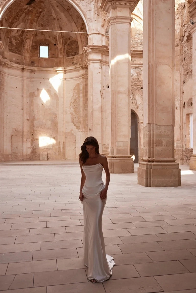 Simple White Satin Mermaid Wedding Dresses Women Customized Strapless Bridal Dress Long Sleeveless Vestido Bespoke Bride Gown