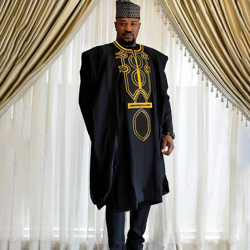 H&D African Clothes for Men Tradition Embroidery 3 Pcs Set Bazin Clothing Shirt Pants Coat Black Red Robe Wedding Party