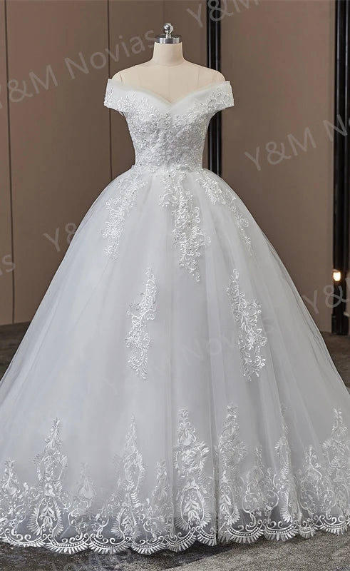 Real video Ball Gown Off Shoulder Wedding Dresses Full Sleeve Sweetheart Lace Appliqus Bead Wedding Dresses For Women New