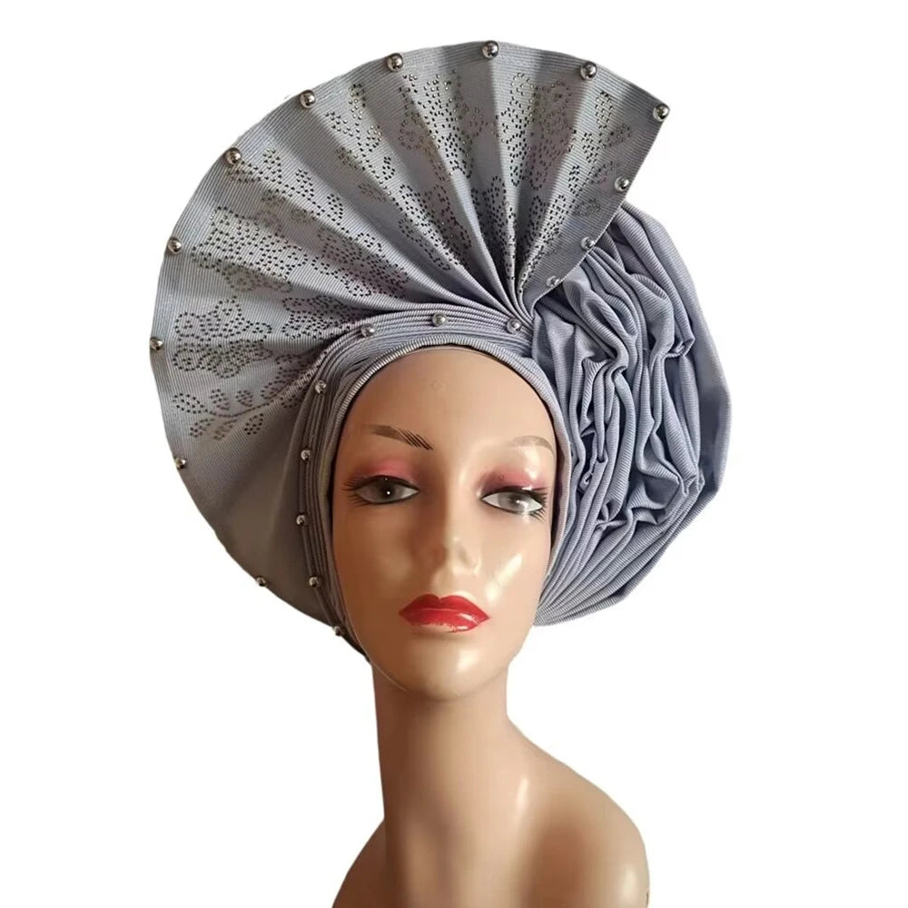 Gold Headtie Auto Gele With Stones African Sego Headtie Already Made Gele Aso Ebi Nigerian Turban Cap For Wedding