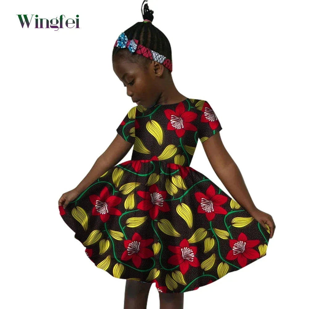 African Clothes for Children Ankara Print Kids Dashiki Dresss Short Sleeve Girl Dresses Casual Kid Attire Cotton WYT60