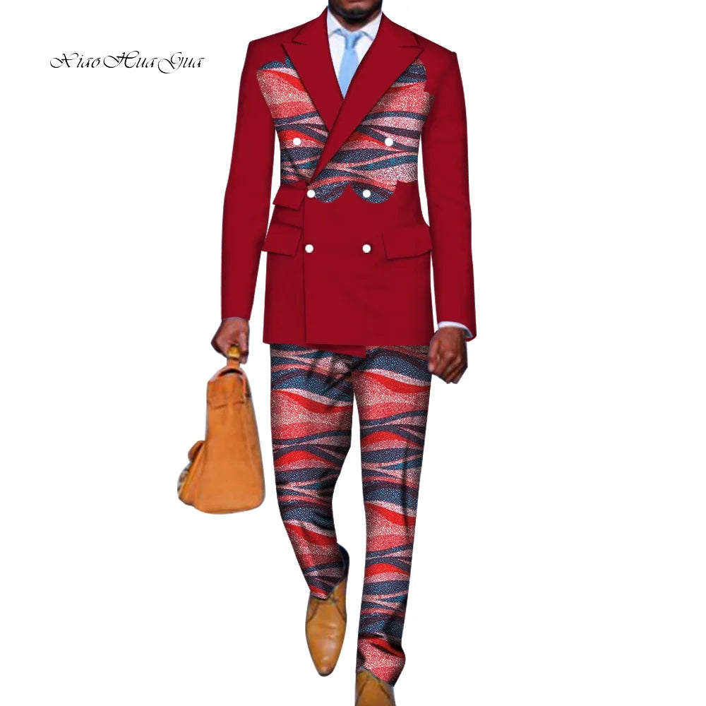 2 Pieces set Blazer and Pants Mens African Clothing Ankara Clothes Bazin Riche African Wax Print Top Suits and Pants Sets WYN740