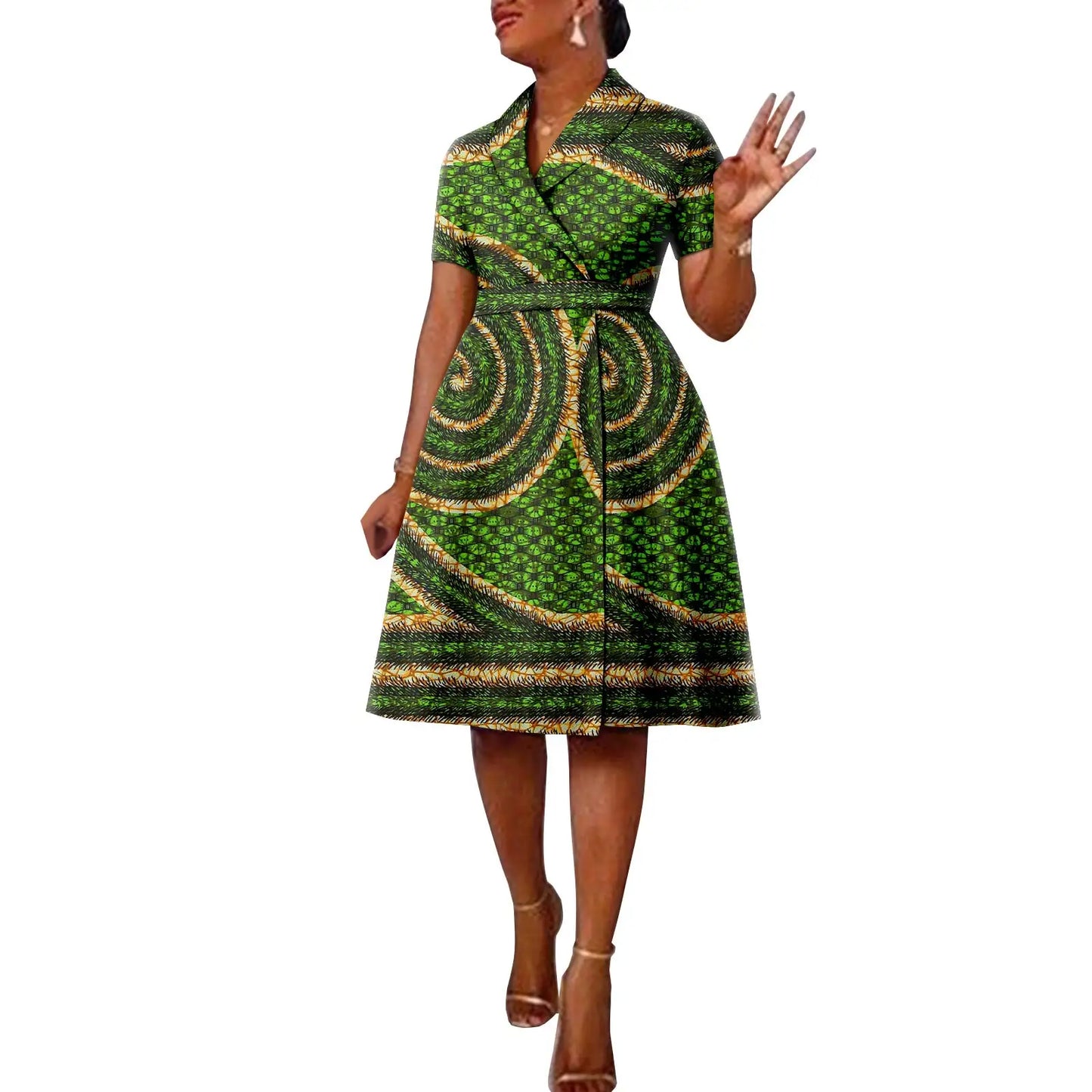 African Ankara Printed Casual Style Short Sleeve Women's Cotton Belt Lapel Padded Shoulder Suit Dress, A2225140