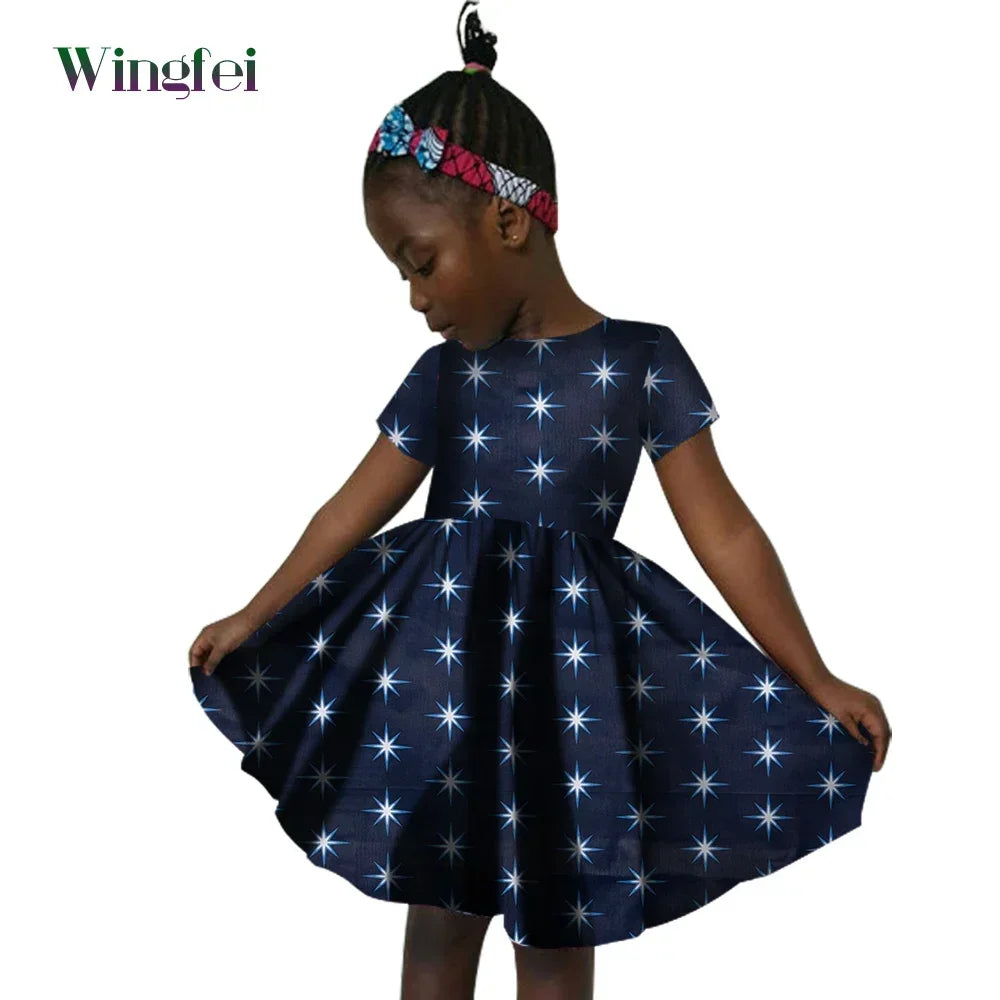 African Clothes for Children Ankara Print Kids Dashiki Dresss Short Sleeve Girl Dresses Casual Kid Attire Cotton WYT60