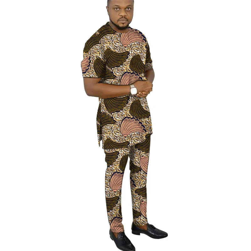 African Fashion Men's Set Outfits Short Sleeve Tops Patch Trousers Nigerian Print Male Pant Suits Party Wear Customized