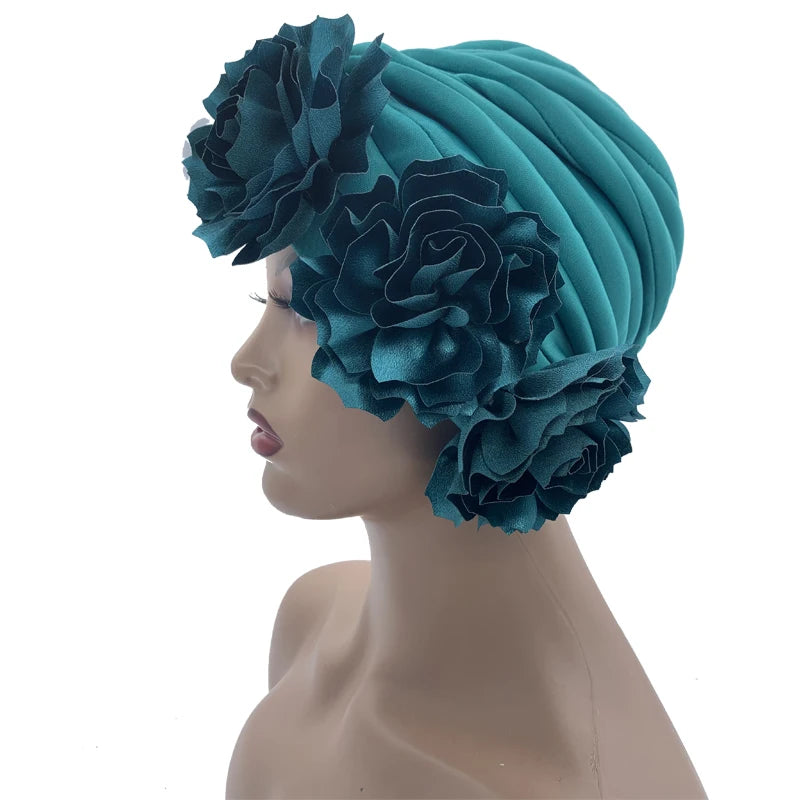 2023 Rhinestones Turban Hat with Side Satin Ruffles Women's Wrap Head Beanies Muslim Headscarf Bonnet African autogele Headtie
