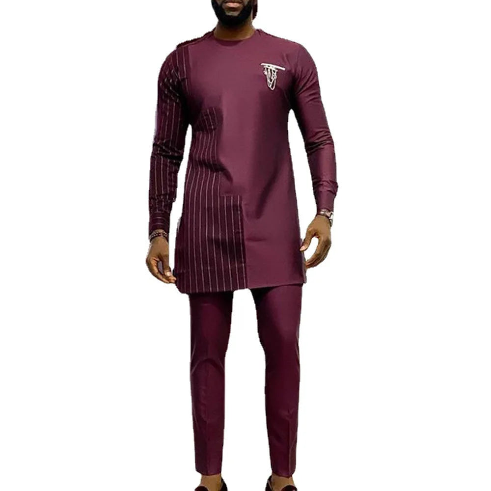 Africa Men Two Piece Suit Stripe Printed Long Sleeve Round Collar African Traditional Top Shirt Pants Casual Gentleman Outfits