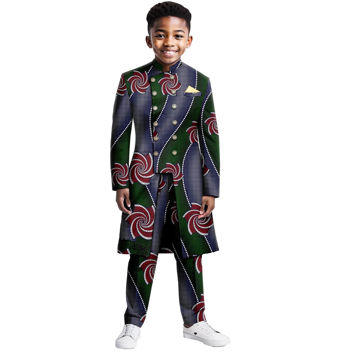 Boys Suits Wedding Tuxedo African Print Ankara Pure Cotton Jacket Pants 2 Piece Set Formal Party Fashion Dress Kids Blazer