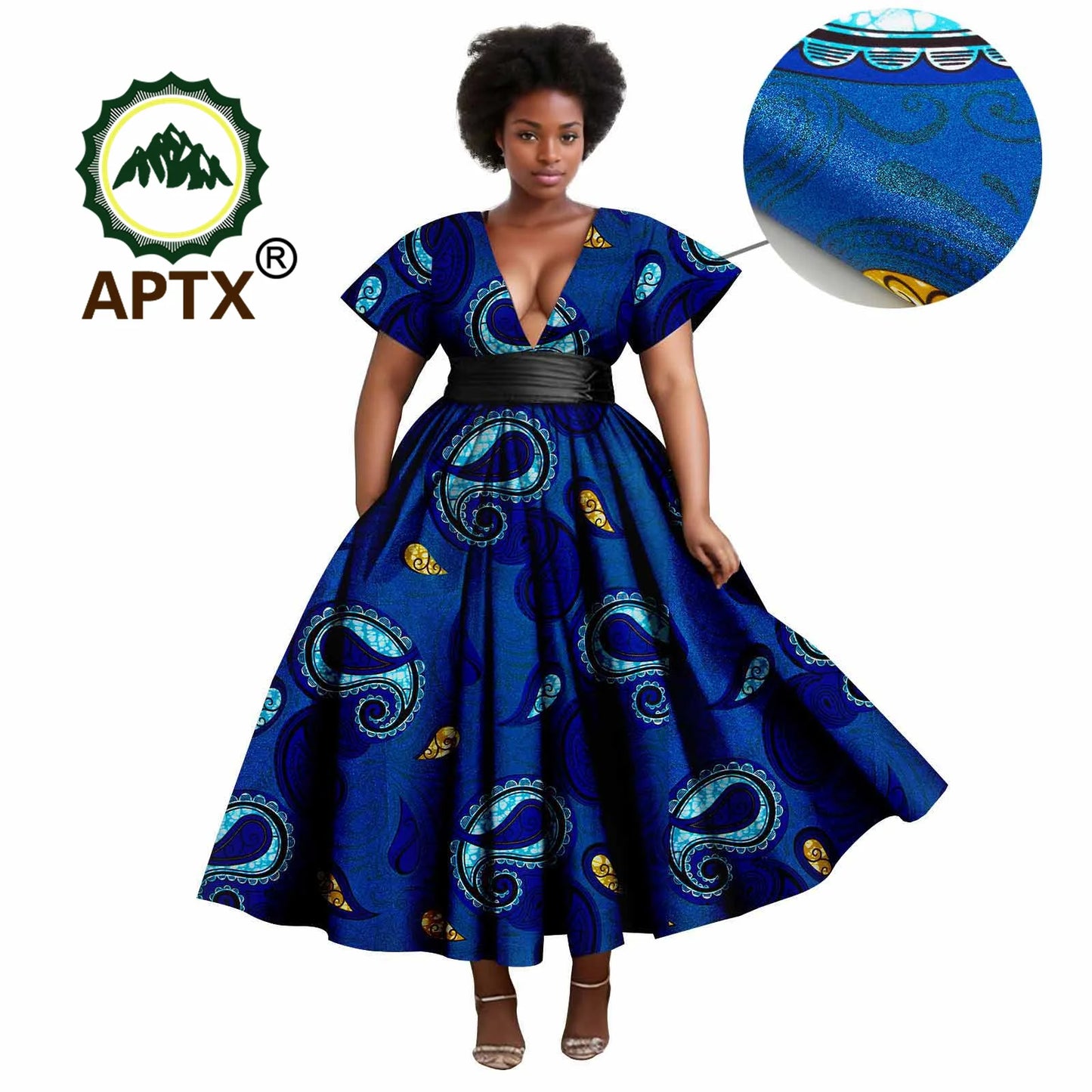 African Dresses Women's Ankara Printed Short Sleeve V-Neck With Belt And Ankle Dress Dashiki Casual Party Wedding Dresses