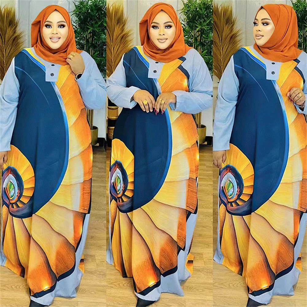 Satin Djellaba Muslim Women Dress Print African Clothing Ankara Dashiki Boubou Robe Dubai Abaya Turkey Kaftan Jalabiya Ramadan
