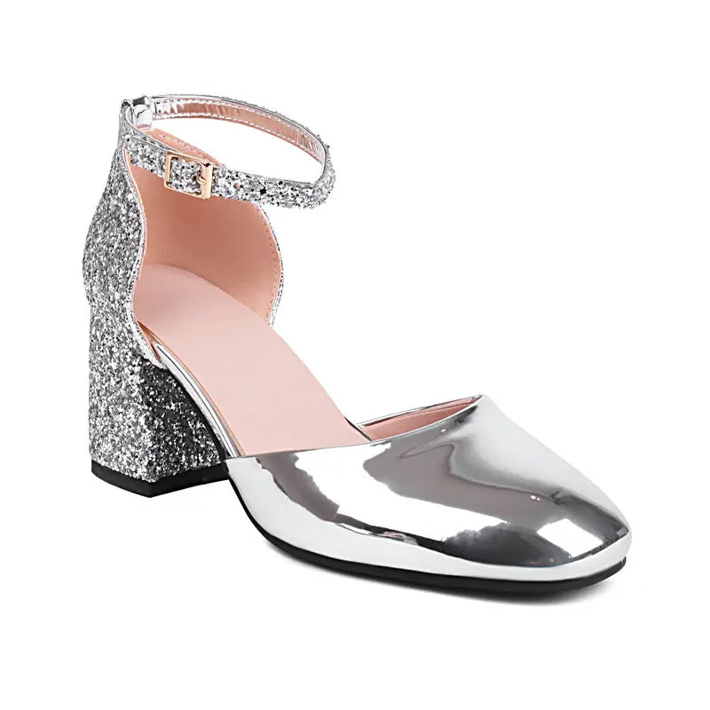 Gold Silver Glitter Sequined Bling Party Women's Bride Shoes Closed Toe Mary Janes Big Size 13 47 48 Chunky Square Heels Sandals