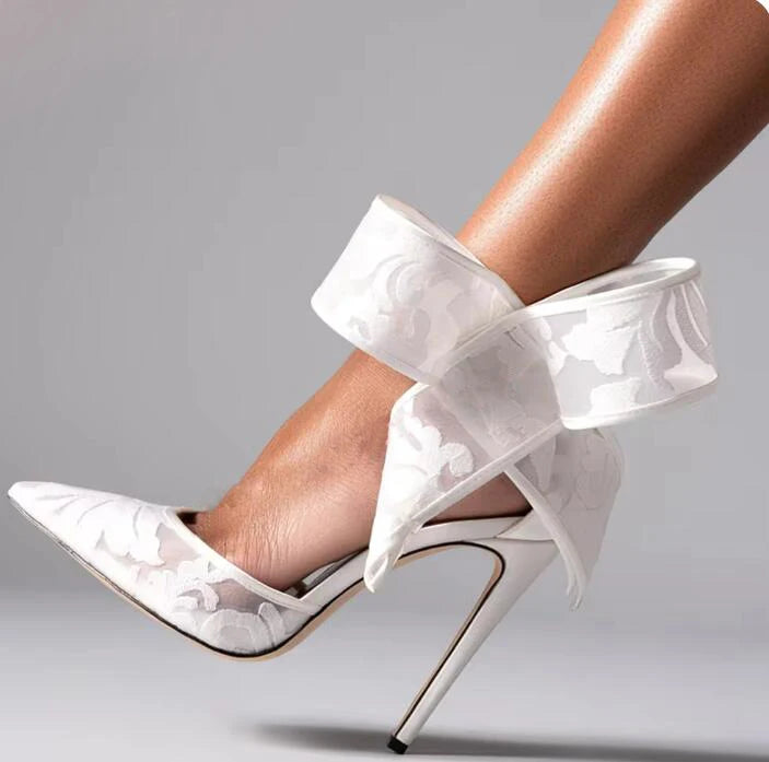 Polka Dot Bow Pumps Red Mesh Pointed Toe Stiletto Heels Side Butterfly Knot Sandals Women Evening Party Shoes Zapatos Mujere
